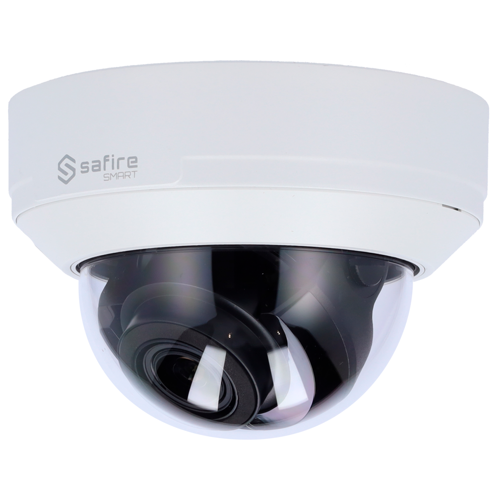Safire Smart - Cámara Domo IP gama E Inteligencia Artificial - Resolución 4 Megapíxel (2566x1440) - Lente Motorizada 2.8~12mm | Micrófono | IR 50m - AI: Clasificación de humano y vehículo - Impermeabilidad IP67 e IK10 | PoE (IEEE802.3af)
