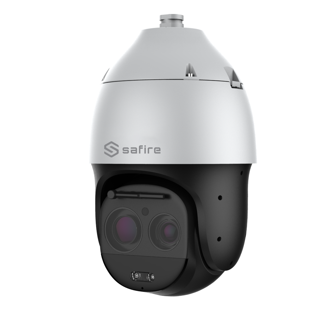 SAFIRE Dome motorizzata  - 1/1.8" Progressive Scan CMOS - Zoom ottico 63X e illuminazione Laser fino a 500m - Auto-tracking | EIS (Stabilizzazione elettronico d'immagine) - Intelligenza artificiale e deterrenza attiva - Compatibile con ONVIF ...