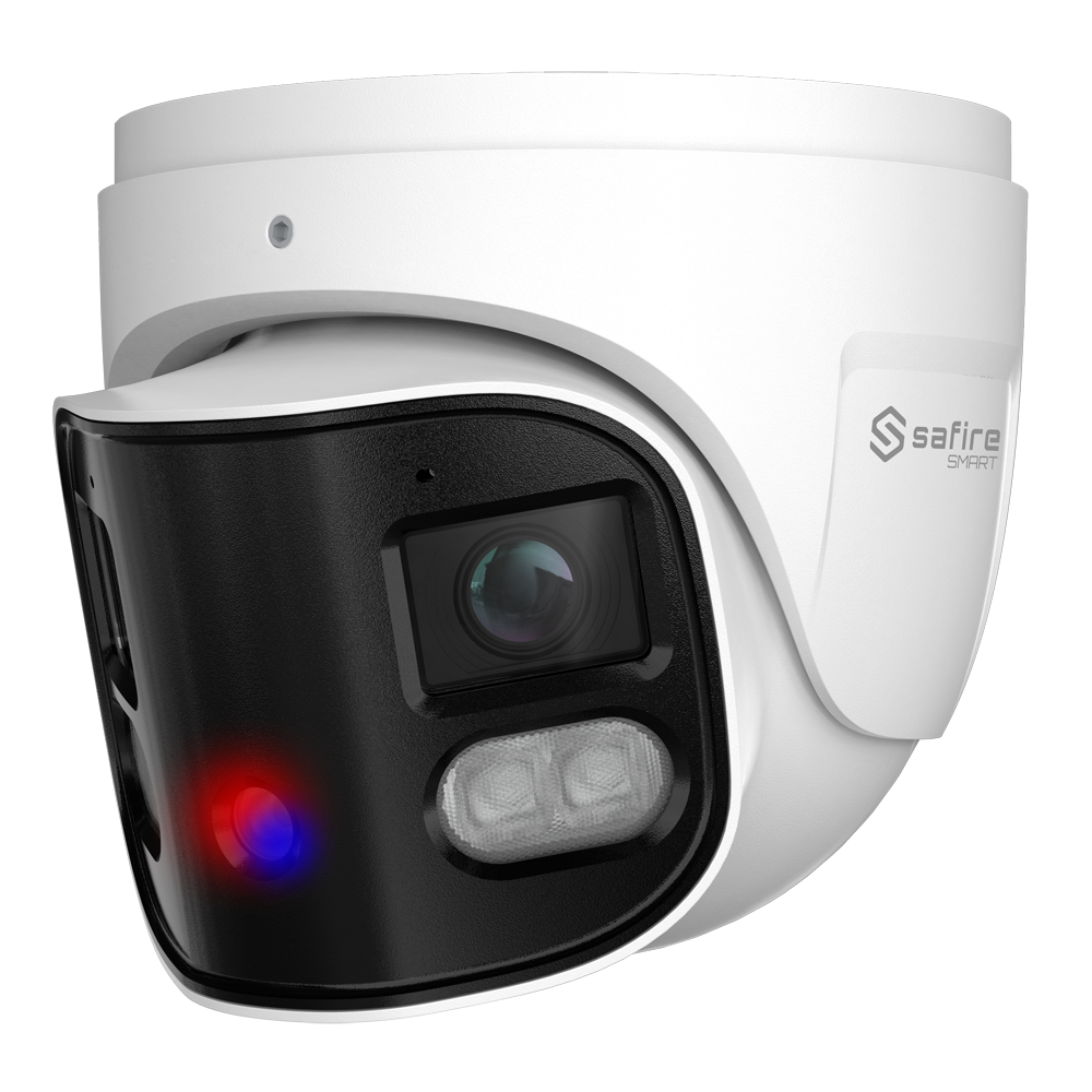Safire Smart - Cámara Turret IP gama I1 panorámica disuasoria - Resolución 8 Megapíxel (4640x1760) - Lente 2x2.8 mm (180º) | Metadatos de vídeo - AI: Clasificación de humano y vehículo - IP66 | PoE.af | Altavoz  y flash policial