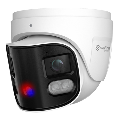 Safire Smart - Cámara Turret IP gama I1 panorámica disuasoria - Resolución 8 Megapíxel (4640x1760) - Lente 2x2.8 mm (180º) | Metadatos de vídeo - AI: Clasificación de humano y vehículo - IP66 | PoE.af | Altavoz  y flash policial