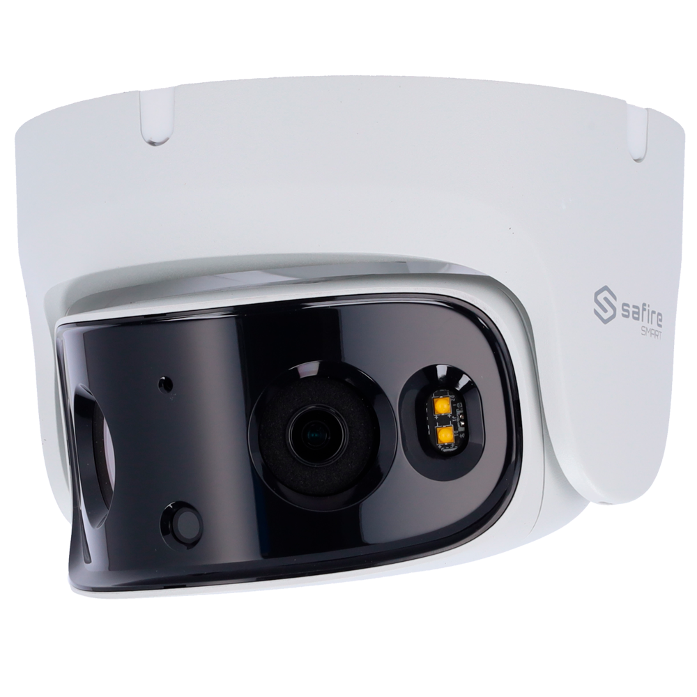 Safire Smart - Telecamera Turret IP gamma I1 panoramica - Risoluzione 8 Megapixel (4320x1680) - Ottica 2x2.8 mm (180º) | Altoparlante con effetto deterrente - IA: Classificazione di persone e veicoli - Waterproof IP67 | PoE (IEEE802.3af)
