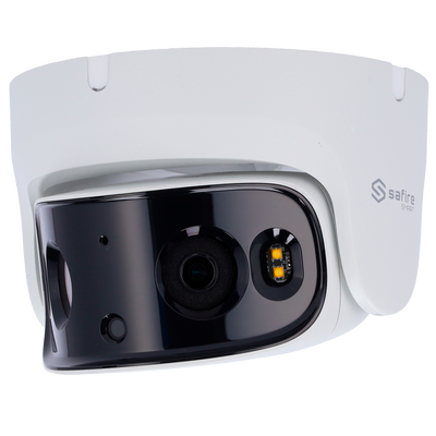Safire Smart - Telecamera Turret IP gamma I1 panoramica - Risoluzione 8 Megapixel (4320x1680) - Ottica 2x2.8 mm (180º) | Altoparlante con effetto deterrente - IA: Classificazione di persone e veicoli - Waterproof IP67 | PoE (IEEE802.3af)