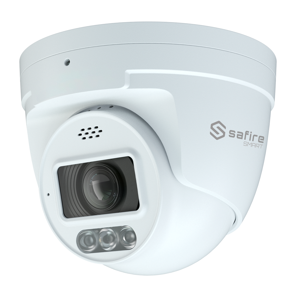 Safire Smart - Telecamera Turret IP gamma I1 con Deterrenza attiva - Risoluzione 4 Megapixel (2566x1440) - Ottica 2.8-12 mm | MIC &amp; Speaker | Dual light 40m - IA: Classificazione di persone e veicoli - Waterproof IP67 | PoE (IEEE802.3af)