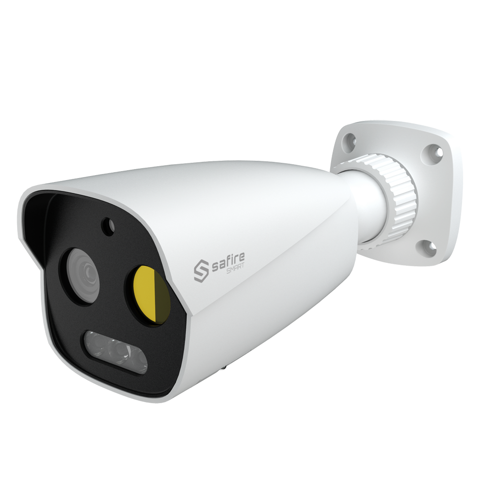 Telecamera termica a doppia ottica IP Bullet Safire Smart - Sensore termico 256x192 VOx | Ottica 7 mm - Sensore ottico1/2.7” 5 Mpx | Lente 8 mm - Sensibilità termica ≤ 50mK - IA basata sulla classificazione di persone e veicoli - Intervallo d...
