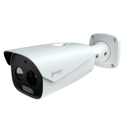 Telecamera termica a doppia ottica Bullet IP Safire Smart - Sensore termico 12 μm 384x288 VOx | Ottica 9 mm - Sensore ottico1/2.7” 5 Mpx | Lente 8 mm - Sensibilità termica ≤ 35mK - IA basata sulla classificazione di persone e veicoli - Interv...