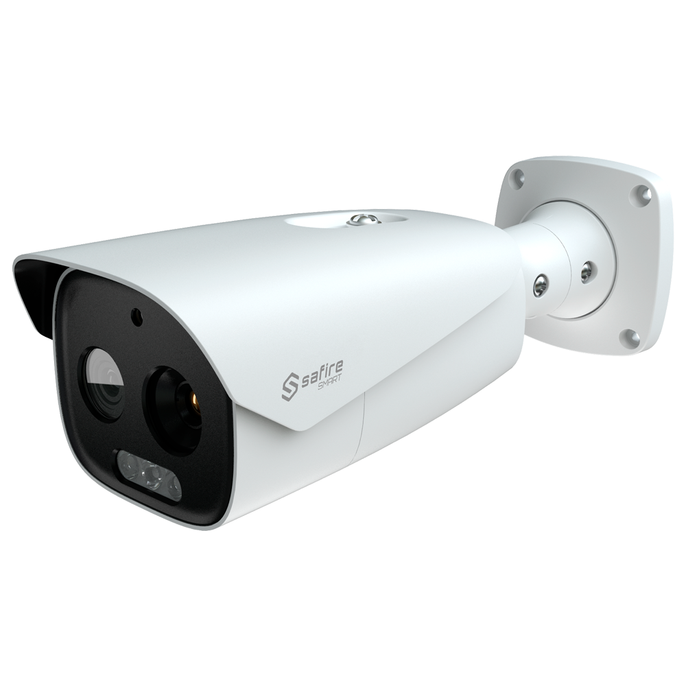 Telecamera termica a doppia ottica Bullet IP Safire Smart - Sensore termico 12 μm 640x512 VOx | Ottica 9 mm - Sensore ottico1/2.7” 5 Mpx | Lente 4 mm - Sensibilità termica ≤ 35mK - IA basata sulla classificazione di persone e veicoli - Interv...