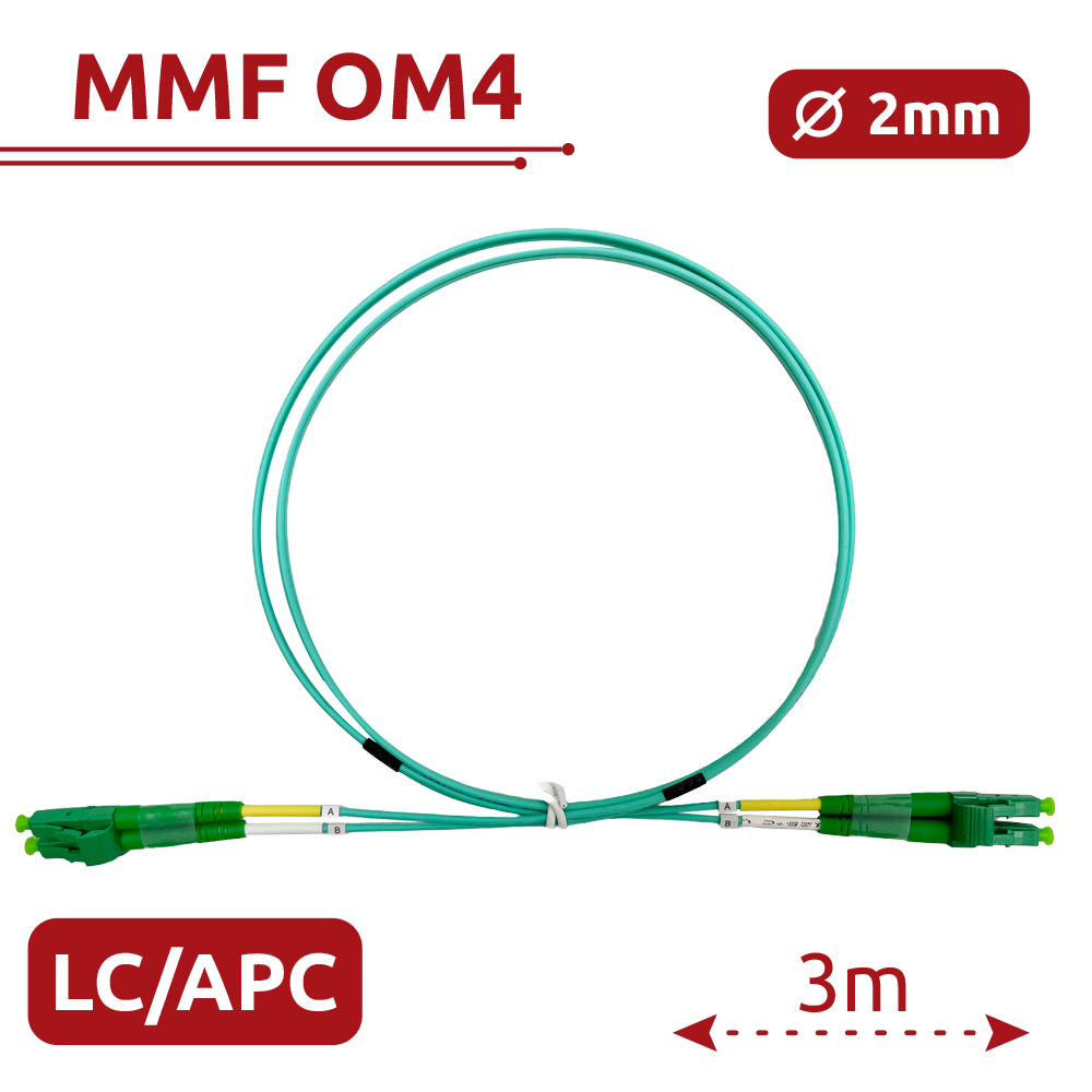 Cable de conexión de fibra óptica - Fibra multimodo OM4 - Conector LC APC dúplex - Longitud 3m - Cubierta LSZH - Compatibilidad genérica