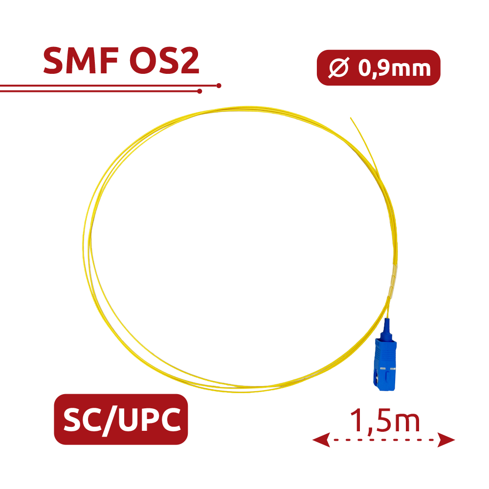 Pigtail de fibra óptica - Fibra monomodo OS2 - Conector SC UPC simplex - Longitud 1.5m - Cubierta LSZH - Compatibilidad genérica