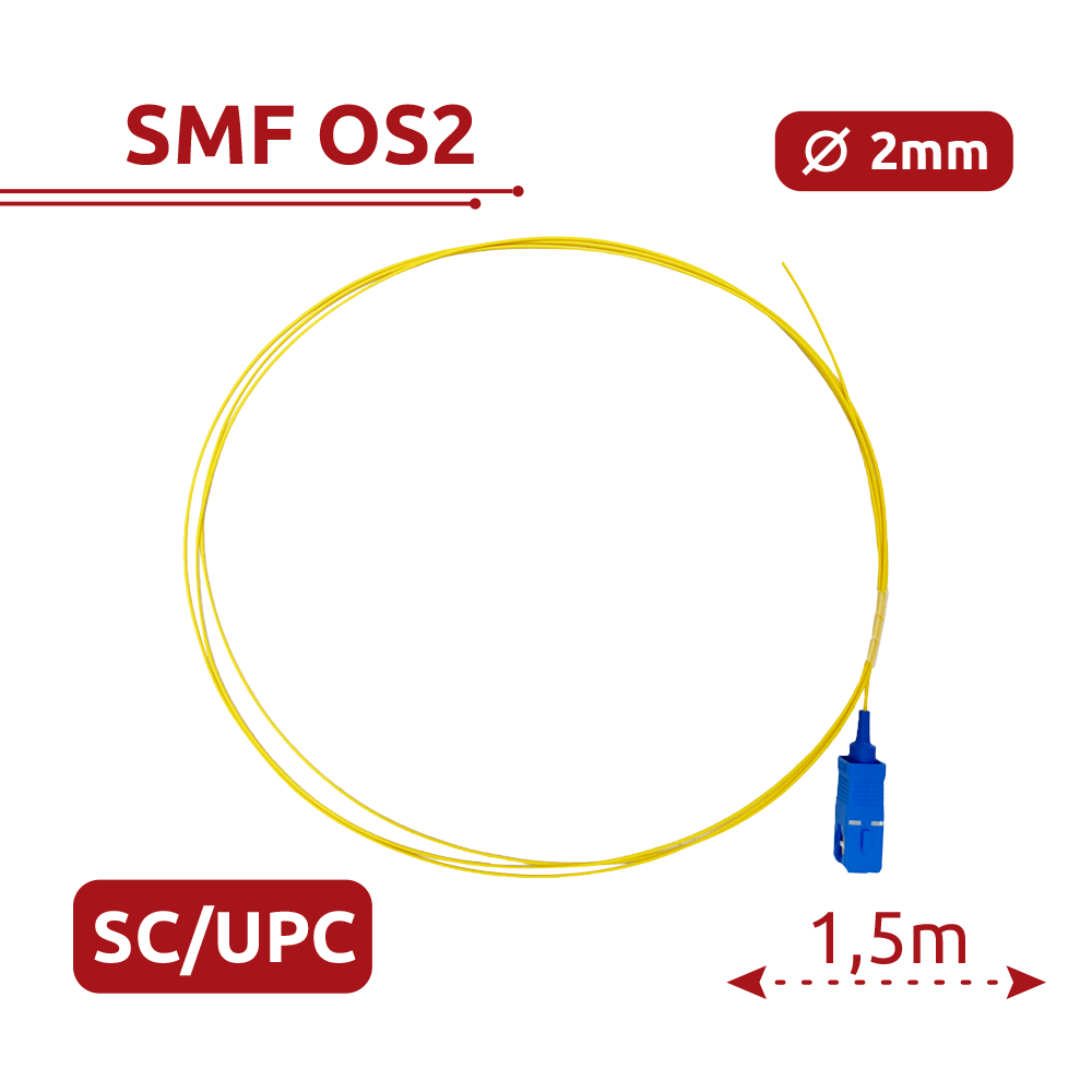 Pigtail de fibra óptica - Fibra monomodo OS2 - Conector SC UPC simplex - Longitud 1.5m - Cubierta LSZH - Compatibilidad genérica