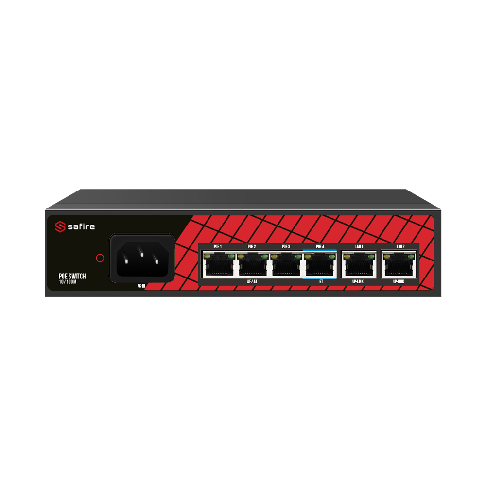 Safire Switch Hi-PoE - 4 porte PoE + 2 Uplink RJ45 - Velocità porte 10/100Mbps - 3 Porte PoE+ 30W + 1 Porta Hi-PoE 60W - Potenza PoE totale da 60W
 -                                 
 -                              - PoE Watchdog / Auto PoE E...