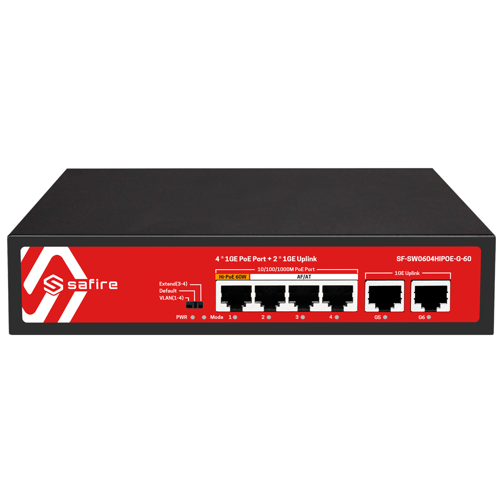 Safire Switch PoE - 4 puertos PoE + 2 Uplink RJ45 - Velocidad de puertos 10/100/1000 Mbps - 4 Puertos PoE+ 30W  - Potencia PoE total de 60W - PoE Watchdog / Auto PoE Extendido Hasta 250m