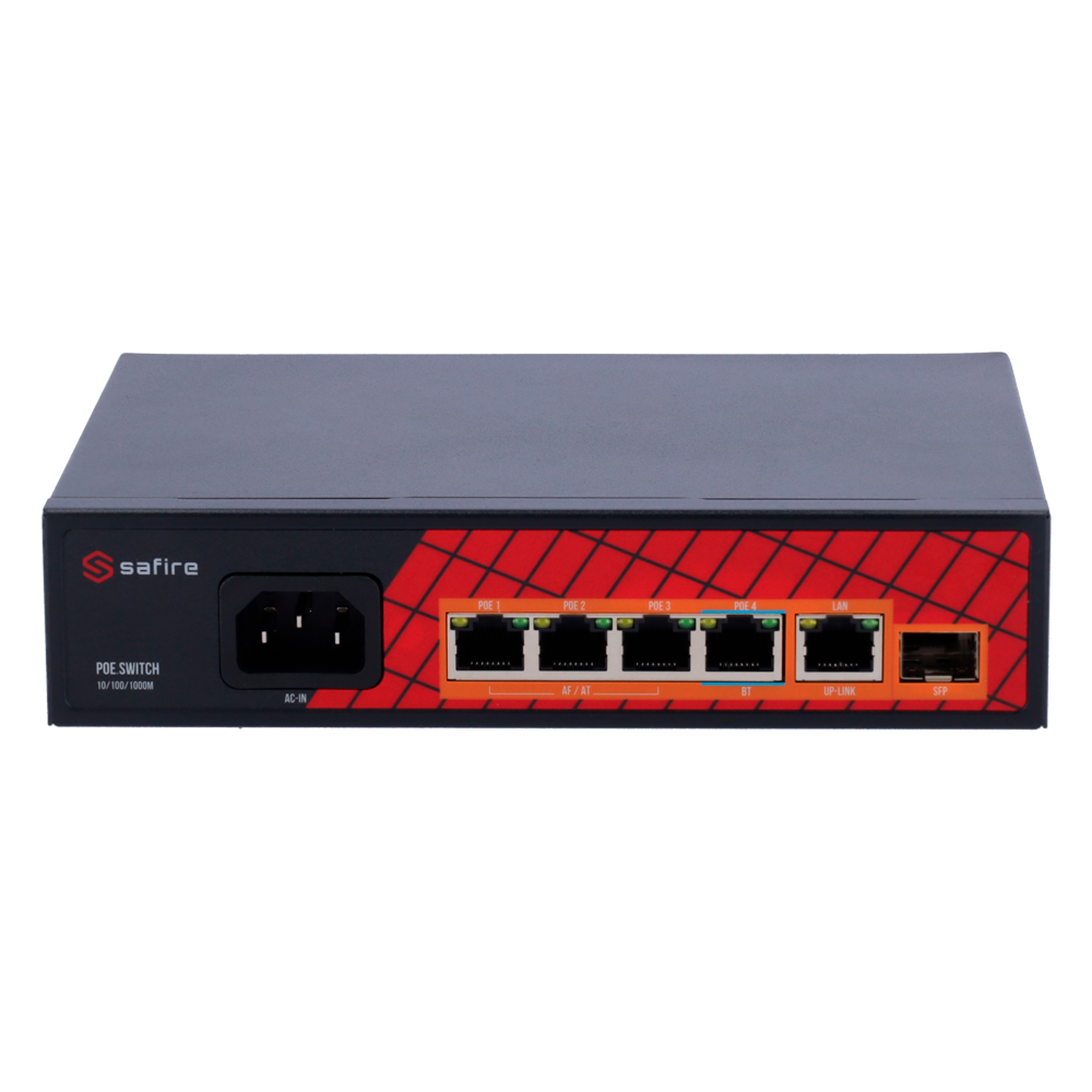 Safire Switch Hi-PoE - 4 porte PoE + 1 Uplink RJ45 + 1 Uplink SFP - Velocità porte Gigabit 10/100/1000Mbps - 3 Porte PoE+ 30W + 1 Porta Hi-PoE 60W - PoE Watchdog - Fino a 65W Potenza PoE totale