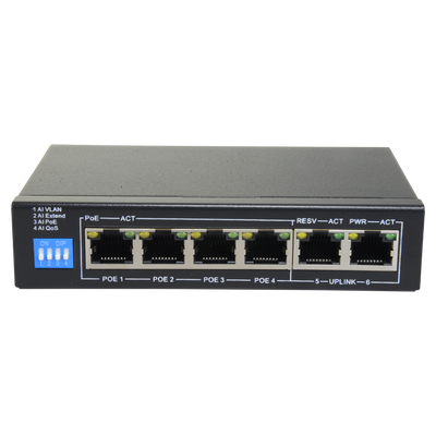 Switch PoE - 4 porte PoE + 2 Uplink RJ45 - Velocità fino a 100 Mbps su tutte le porte - Fino 60W in totale per tutte le porte - Larghezza di banda 1.2 Gbps - Standard IEEE802.3af (PoE) / a (PoE+)