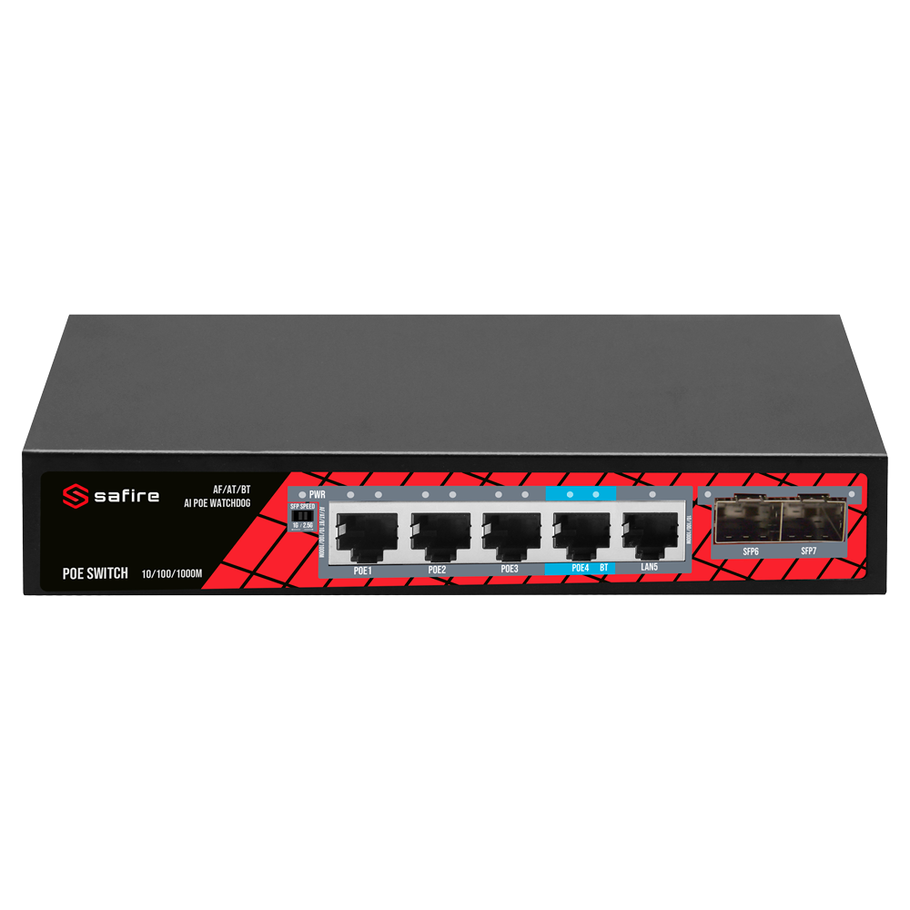 Safire Switch PoE - 4 puertos PoE + 1 Uplink RJ45 + 2 SFP (1G/2