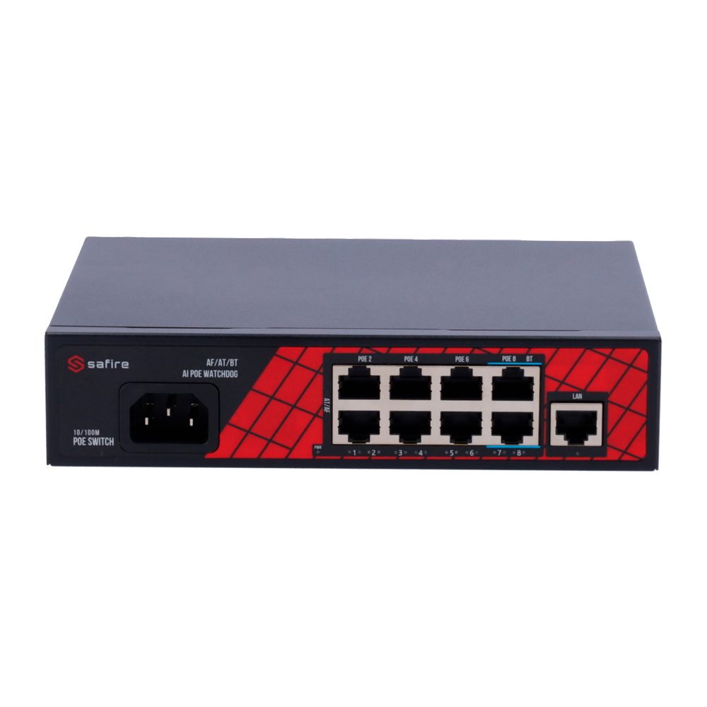 Safire Switch Hi-PoE - 8 porte PoE + 1 Uplink RJ45 - Velocità porte 10/100Mbps - 6 Porte PoE+ 30W + 2 Porte Hi-PoE 60W - Potenza PoE totale da 120W
 -                                 
 -                              - PoE Watchdog / Auto PoE ...
