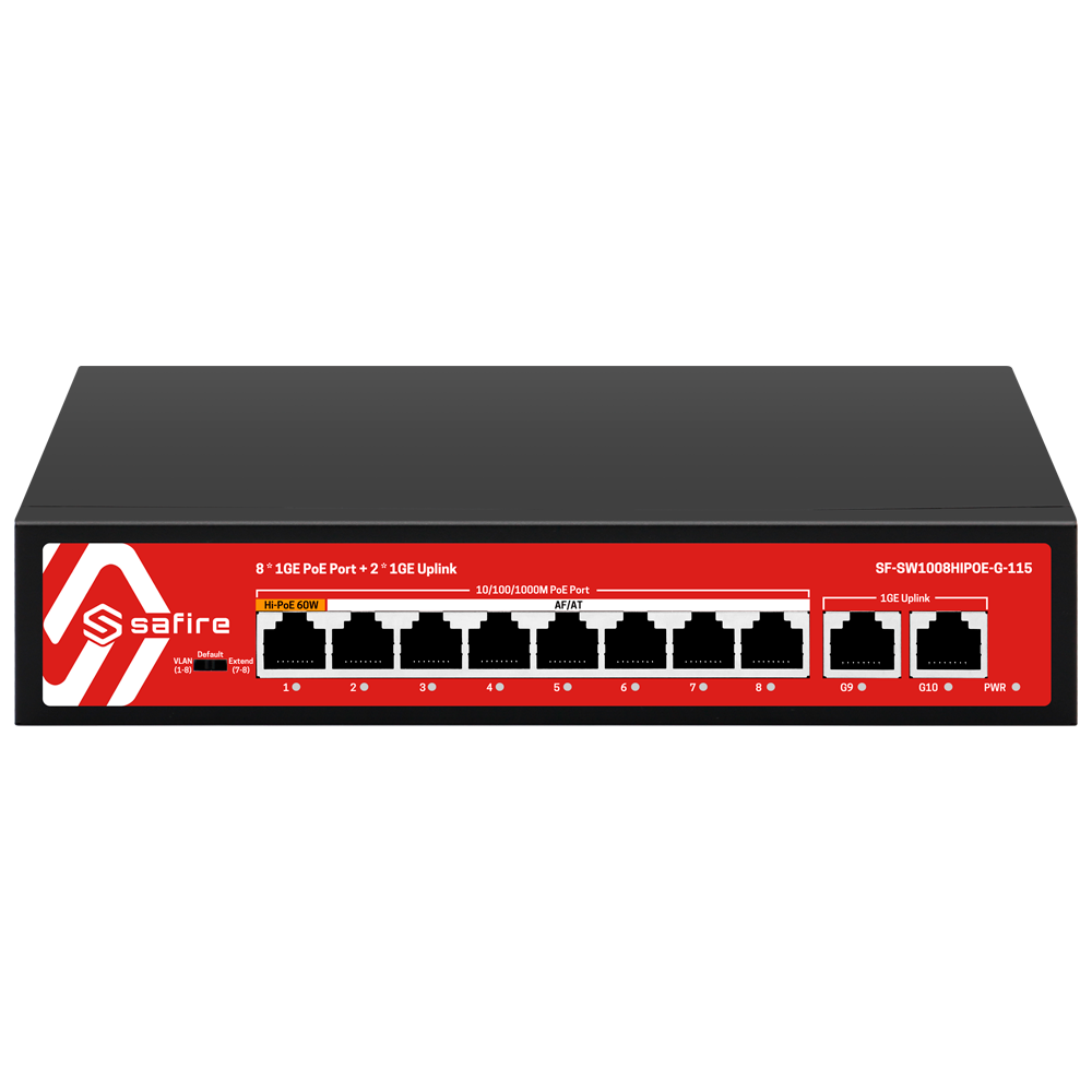 Safire Switch Hi-PoE - 8 porte PoE + 2 Uplink RJ45 - 10x 10/100/1000Mbps - 7 Porte PoE+ 30W + 1 Porte Hi-PoE 60W - PoE Watchdog - Fino a 115W Potenza PoE totale