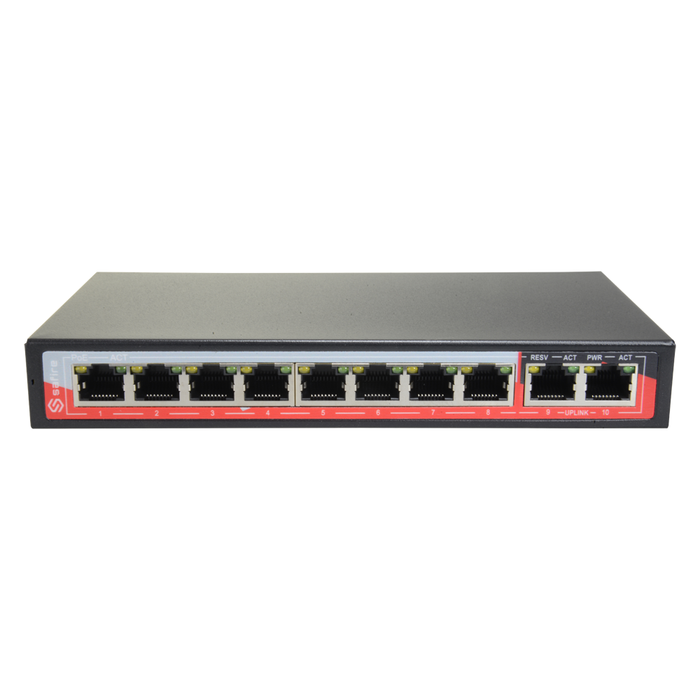 Switch PoE - 8 porte PoE + 2 Uplink RJ45 - Velocità 10/100 Mbps - Funzioni: Ai VLan/QOS/CCTV Extend/PoE - Standard IEEE802.3af (PoE) / a (PoE+) - Fino 96W in totale per tutte le porte