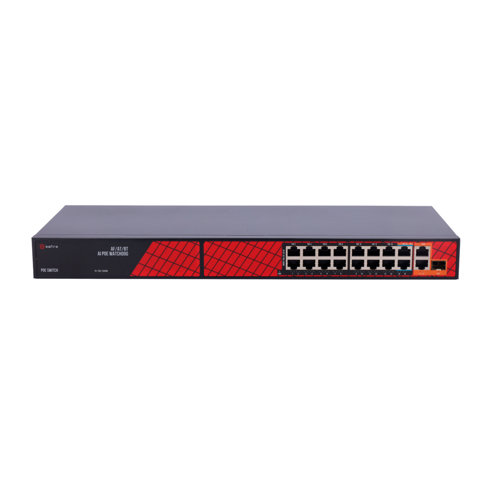 Safire Switch Hi-PoE - 16 Porte PoE + 2 Uplink RJ45 + 1 Uplink SFP - Ibrido 15x10/100Mbps + 4x10/100/1000Mbps - 14 Porte PoE+ 30W + 2 Porte Hi-PoE 60W - PoE Watchdog / PoE Esteso - Fino a 300W Potenza PoE totale