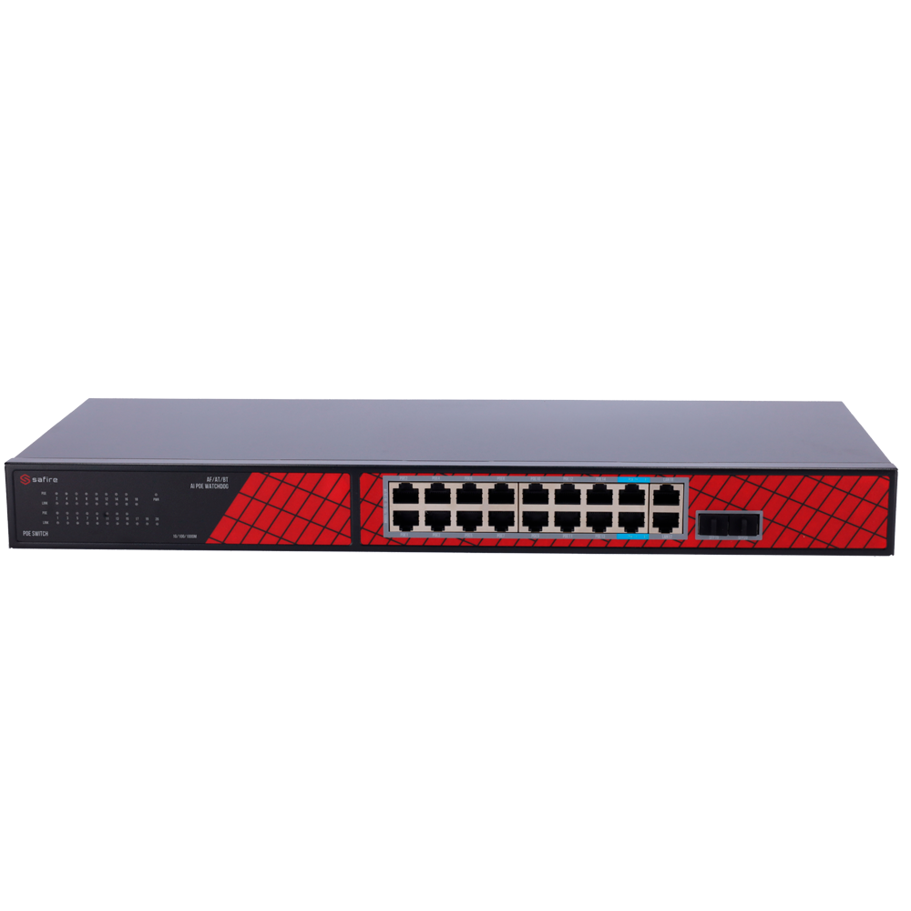 Safire Switch Hi-PoE - 16 porte PoE + 2 SFP + 2 RJ45 - Velocità porte Gigabit 10/100/1000Mbps - 14 Porte PoE+ 30W + 2 Porte Hi-PoE 60W - PoE Watchdog - Fino a 240W Potenza PoE totale