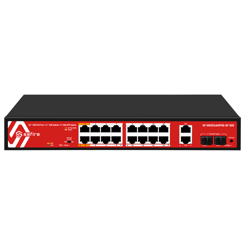 Safire Switch Hi-PoE - 16 porte PoE + 2 SFP + 2 RJ45 - Velocità porte Gigabit 10/100/1000Mbps - 14 Porte PoE+ 30W + 2 Porte Hi-PoE 60W - PoE Watchdog - Fino a 285W Potenza PoE totale