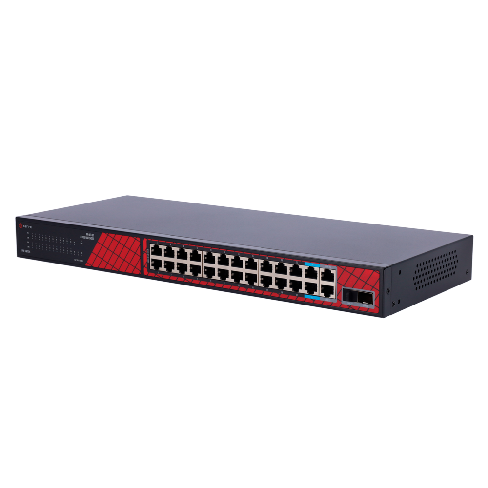 Safire Switch Hi-PoE - 24 porte + 2 SFP Uplink + 2 Uplink RJ45 - Velocità porte Fast Ethernet 10/100 Mbps - 22 Porte PoE+ 30W + 2 Porte Hi-PoE 60W - PoE Watchdog - Fino a 300W Potenza PoE totale