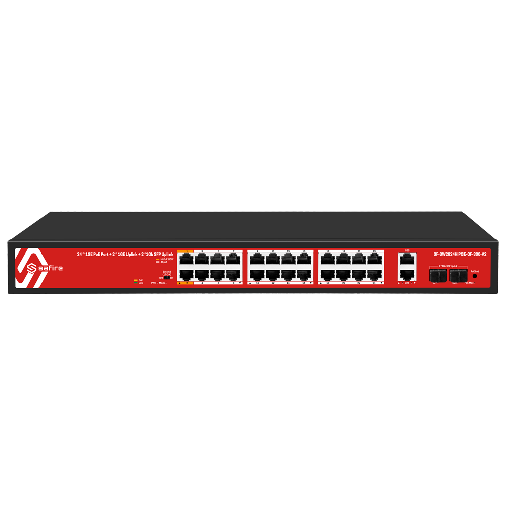 Safire Switch Hi-PoE - 24 porte PoE + 2 SFP + 2 RJ45 - Velocità porte Gigabit 10/100/1000Mbps - 23 Porte PoE+ 30W + 1 Porte Hi-PoE 60W - PoE Watchdog - Fino a 285W Potenza PoE totale