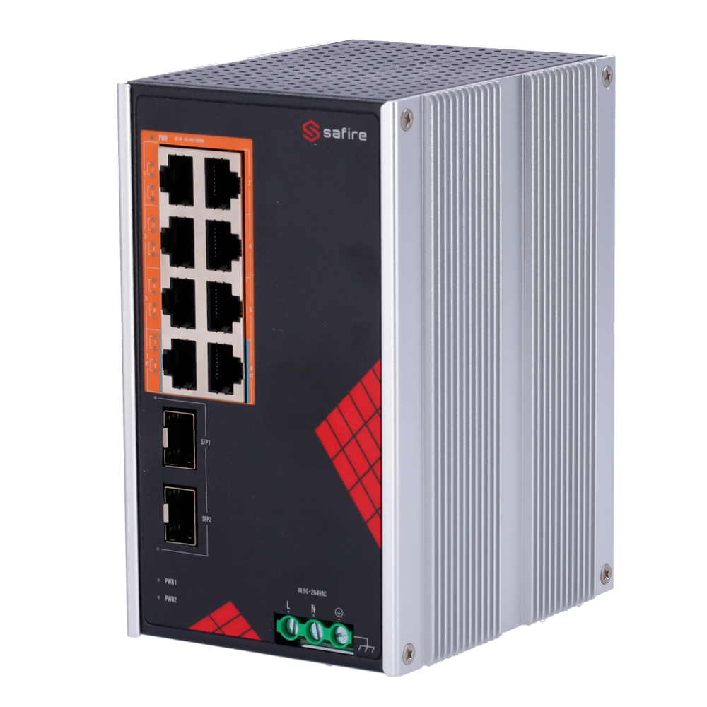 Safire Switch Industriale Alimentazione AC e DC - 8 porte Gigabit + 2 SFP Gigabit - 6 Porte PoE+ 30W + 2 Porte Hi-PoE 60W - PoE Watchdog - Fino a 130W Potenza PoE totale - Installazione su guida DIN