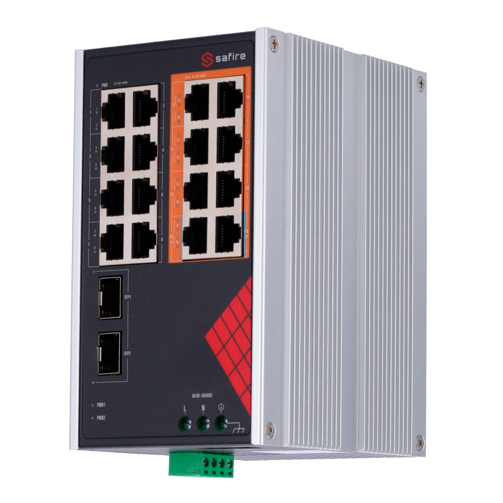 Safire Switch Industriale Alimentazione AC e DC - 16 porte Gigabit + 2 SFP Gigabit - 6 Porte PoE+ 30W + 2 Porte Hi-PoE 60W - PoE Watchdog - Fino a 130W Potenza PoE totale - Installazione su guida DIN
