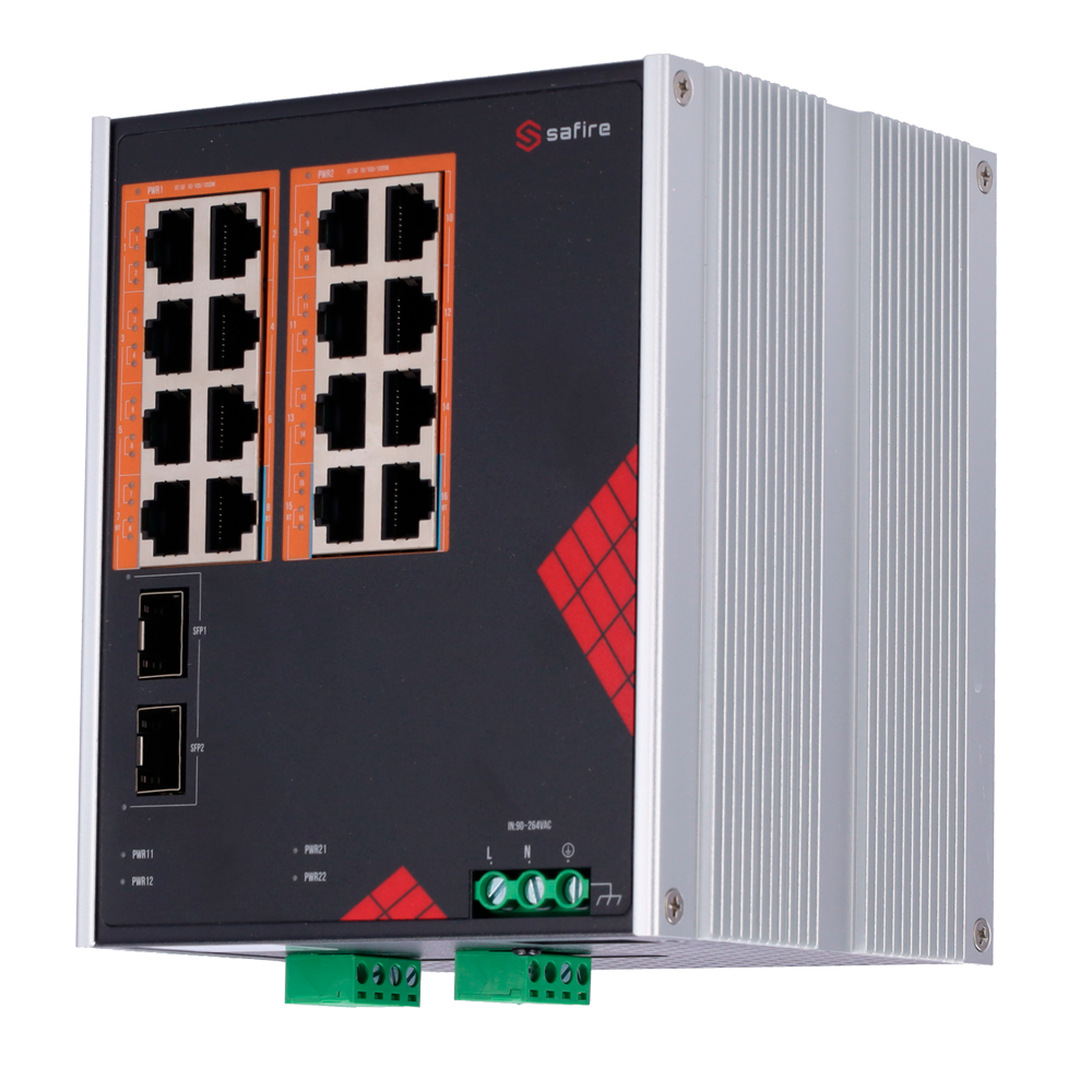 Safire Switch Industriale Alimentazione AC e DC - 16 porte Gigabit + 2 SFP Gigabit - 12 Porte PoE+ 30W + 4 Porte Hi-PoE 60W - PoE Watchdog - Fino a 260W Potenza PoE totale - Installazione su guida DIN