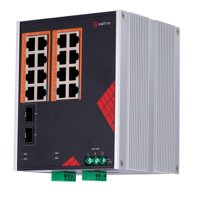 Safire Switch Industriale Alimentazione AC e DC - 16 porte Gigabit + 2 SFP Gigabit - 12 Porte PoE+ 30W + 4 Porte Hi-PoE 60W - PoE Watchdog - Fino a 260W Potenza PoE totale - Installazione su guida DIN