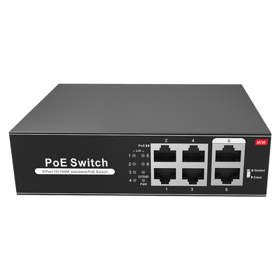 Switch PoE - 4 porte PoE + 2 Uplink RJ45 - Velocità fino a 100 Mbps su tutte le porte - Fino 60W in totale per tutte le porte - Larghezza di banda 1.2 Gbps - Standard IEEE802.3af (PoE) / a (PoE+)