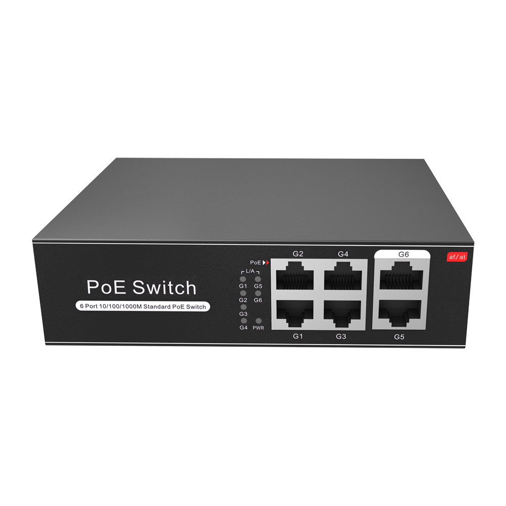 Switch PoE - 4 porte PoE + 2 Uplink RJ45 - Velocità fino a 1000 Mbps su tutte le porte - Fino 60W in totale per tutte le porte - Larghezza di banda 12 Gbps - Standard IEEE802.3af (PoE) / a (PoE+)