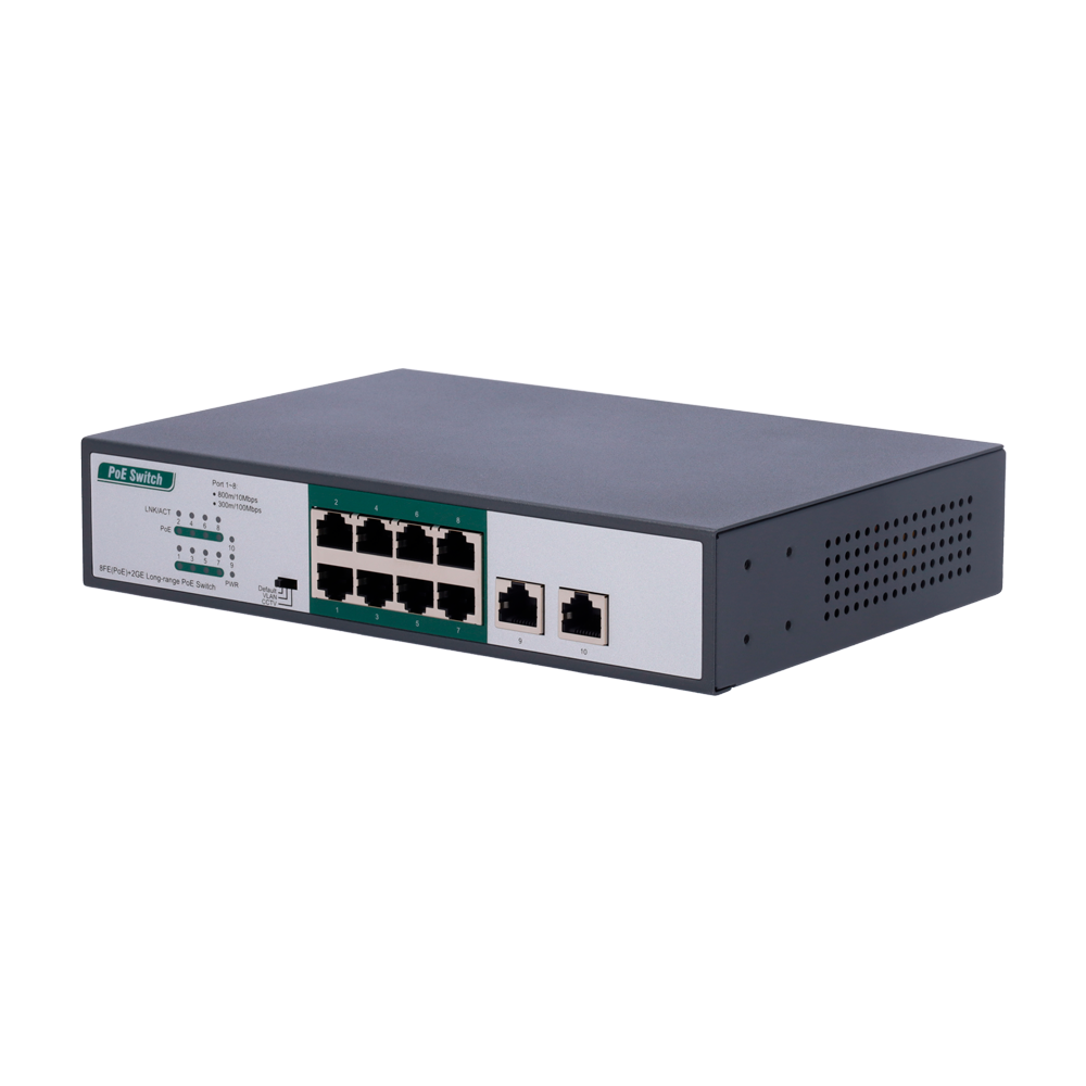 Switch PoE - 8 porte PoE FE + 2 GE - Velocità 8 x10/100Mbps + 2 x10/100/1000Mbps - 8 porte PoE+ fino a 800m con accessorio - Fino a 120 W di Potenza PoE Totale - Standard IEEE802.3at PoE / af PoE+