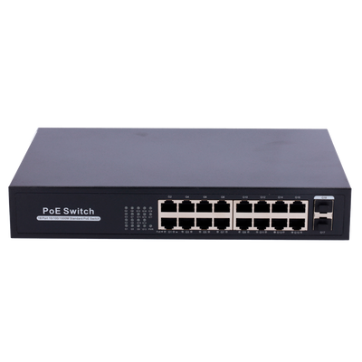 Switch PoE - 16 porte RJ45 + 2 SFP Uplink - 16x 10/100/1000Mbps + 2x 10/100/1000Mbps - 16 Porte PoE 802.3af/at fino a 30W per ogni porta - Potenza totale PoE 250W - Montaggio su rack