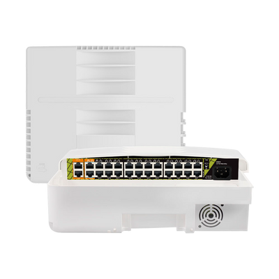 Switch PoE per esterni - 22 RJ45 PoE+ 2 RJ45 Hi-PoE - 2 RJ45 Uplink - 22 x 10/100 Mbps - 4 x Gigabit - A 300 W in totale per tutte le porte - Standard IEEE802.3at PoE+ / af PoE / bt Hi-PoE - Montaggio a parete e/o su Palo