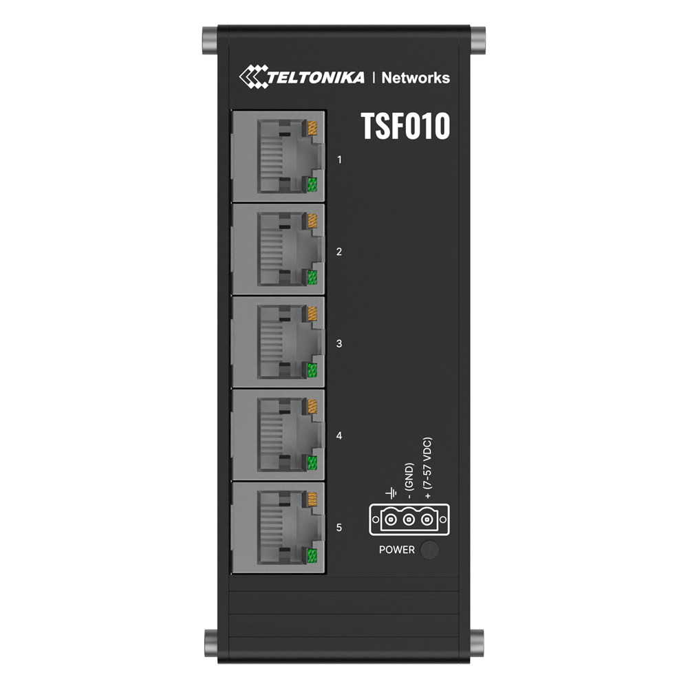 Teltonika Switch Unmanaged Industriale - 5 porte Ethernet RJ45 Fast Ethernet - Robusto alloggiamento in alluminio anodizzato - Plug and Play - Alimentazione DC 7 a 57V - LED di Stato