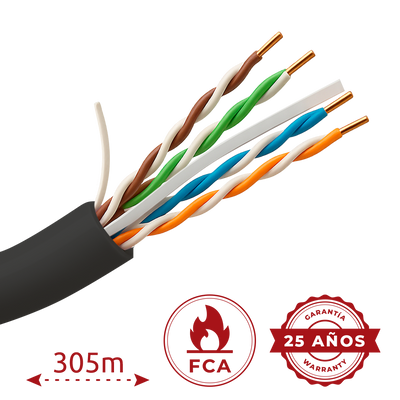 Cavo UTP rigido Safire - Categoria 6 - Soddisfa il test Fluke 90m - Conduttore CCA 23AWG - Bobina da 305 metri - Guaina speciale per esterni