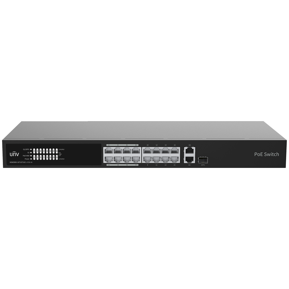 Uniview Switch PoE Cloud Managed - 16 PoE802.3af/at + 1 uplink RJ45 +1 uplink Combo - 16 RJ45 10/100 Mbps + 1 SFP 10/100/1000 - 30W per porta 802.3af/at / Massimo 150W - VLAN/Port Isolation/Loop Detection - Limite di Velocità della Porta