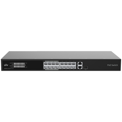 Uniview Switch PoE Cloud Managed - 16 PoE802.3af/at + 1 uplink RJ45 +1 uplink Combo - 16 RJ45 10/100 Mbps + 1 SFP 10/100/1000 - 30W per porta 802.3af/at / Massimo 150W - VLAN/Port Isolation/Loop Detection - Limite di Velocità della Porta