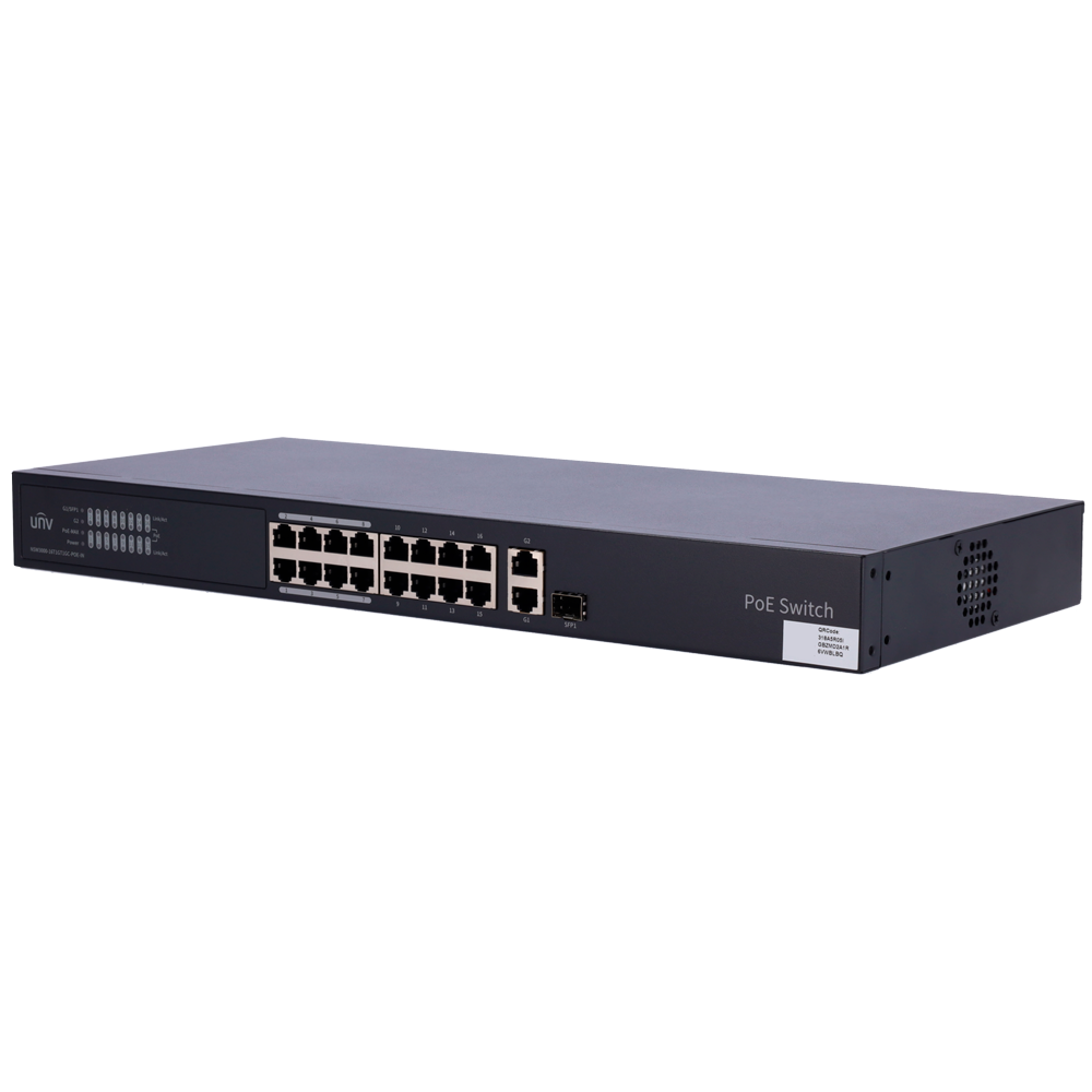 Uniview Switch PoE Cloud Managed - 16 PoE802.3af/at + 1 uplink RJ45 +1 uplink Combo - 16 RJ45 10/100 Mbps + 1 SFP 10/100/1000 - 30W per porta 802.3af/at / Massimo 250W - VLAN/Port Isolation/Loop Detection - Limite di Velocità della Porta