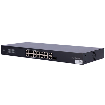 Uniview Switch PoE Cloud Managed - 16 PoE802.3af/at + 1 uplink RJ45 +1 uplink Combo - 16 RJ45 10/100 Mbps + 1 SFP 10/100/1000 - 30W per porta 802.3af/at / Massimo 250W - VLAN/Port Isolation/Loop Detection - Limite di Velocità della Porta