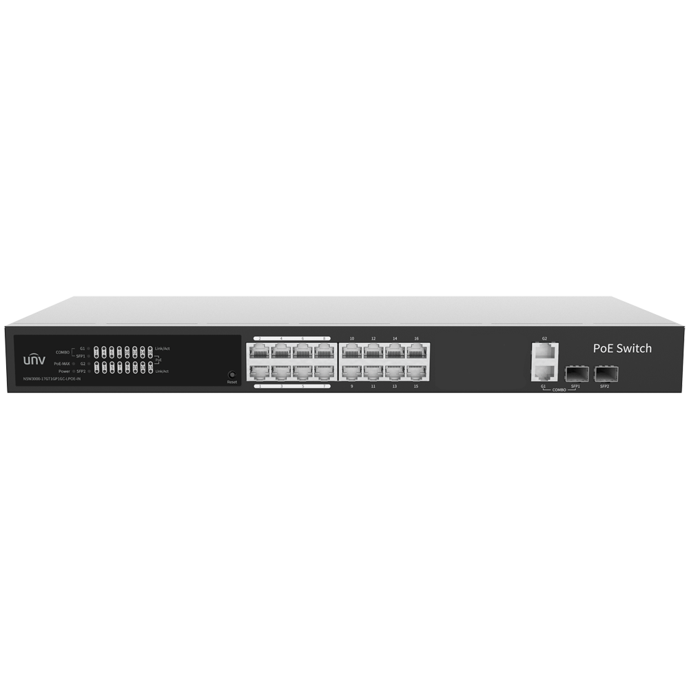 Uniview Switch PoE Cloud Managed - 16 PoE802.3af/at + 2 uplink RJ45 + 2 SFP - 16 RJ45 FE + 2 GE + 2 SFP - 30W per porta 802.3af/at / Massimo 150W - VLAN/Port Isolation/Loop Detection - Limite di Velocità della Porta