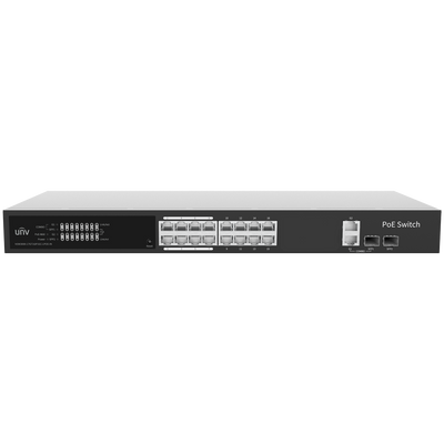 Uniview Switch PoE Cloud Managed - 16 PoE802.3af/at + 2 uplink RJ45 + 2 SFP - 16 RJ45 FE + 2 GE + 2 SFP - 30W per porta 802.3af/at / Massimo 150W - VLAN/Port Isolation/Loop Detection - Limite di Velocità della Porta
