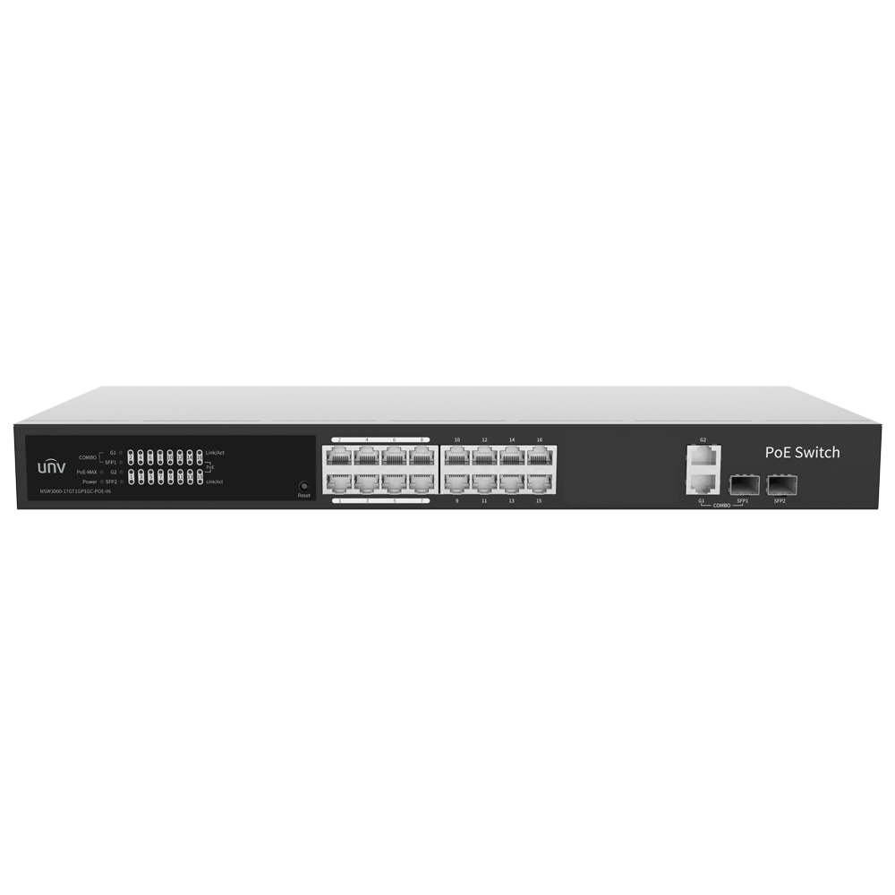 Uniview Switch PoE Cloud Managed - 16 PoE802.3af/at + 2 uplink RJ45 + 2 SFP - 16 RJ45 FE + 2 GE + 2 SFP - 30W per porta 802.3af/at / Massimo 250W - VLAN/Port Isolation/Loop Detection - Limite di Velocità della Porta