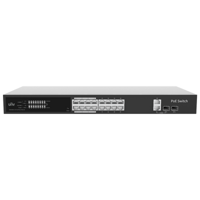 Uniview Switch PoE Cloud Managed - 16 PoE802.3af/at + 2 uplink RJ45 + 2 SFP - 16 RJ45 FE + 2 GE + 2 SFP - 30W per porta 802.3af/at / Massimo 250W - VLAN/Port Isolation/Loop Detection - Limite di Velocità della Porta