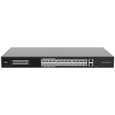 Uniview Switch PoE Cloud Managed - 24 PoE802.3af/at + 1 uplink RJ45 +1 uplink Combo - 24 RJ45 FE + 2 RJ45 GE + 1 SFP - 30W per porta 802.3af/at / Massimo 250W - VLAN/Port Isolation/Loop Detection - Limite di Velocità della Porta