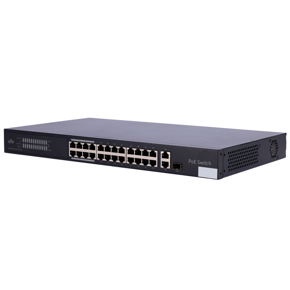Uniview Switch PoE Cloud Managed - 24 PoE802.3af/at + 1 uplink RJ45 +1 uplink Combo - 24 RJ45 10/100Mbps + 1 SFP 10/100/1000 - 30W per porta 802.3af/at / Massimo 370W - VLAN/Port Isolation/Loop Detection - Limite di Velocità della Porta