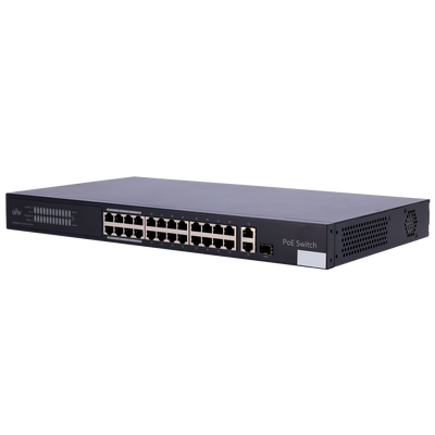 Uniview Switch PoE Cloud Managed - 24 PoE802.3af/at + 1 uplink RJ45 +1 uplink Combo - 24 RJ45 10/100Mbps + 1 SFP 10/100/1000 - 30W per porta 802.3af/at / Massimo 370W - VLAN/Port Isolation/Loop Detection - Limite di Velocità della Porta