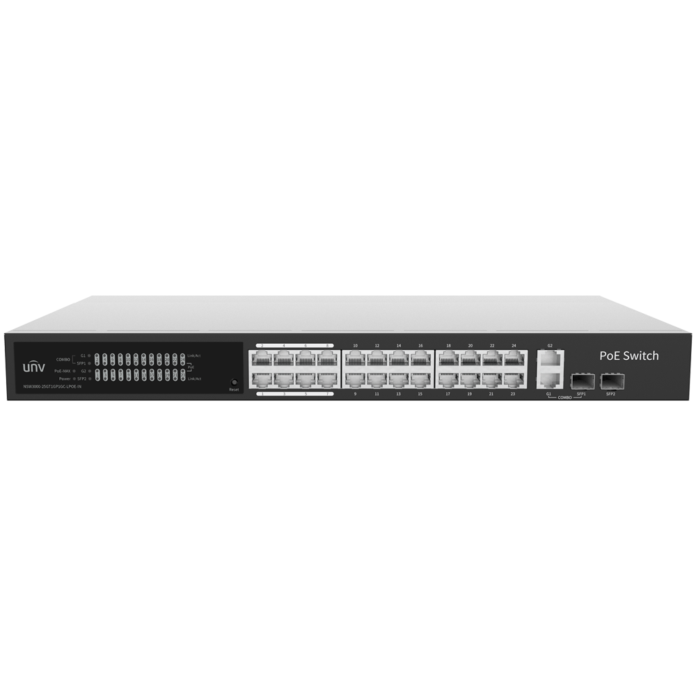 Uniview Switch PoE Cloud Managed - 24 PoE802.3af/at + 2 uplink RJ45 + 2 SFP - 24 RJ45 FE + 2 GE + 2 SFP - 30W per porta 802.3af/at / Massimo 250W - VLAN/Port Isolation/Loop Detection - Limite di Velocità della Porta