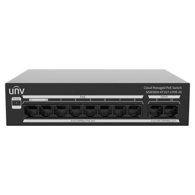 Uniview Switch PoE Cloud Managed - 8 PoE802.3af/at + 2 uplink RJ45  - 8 RJ45 10/100 Mbps + 2 RJ45 10/100/1000 Mbps - 30W per porta 802.3af/at / Massimo 65W - VLAN/Port Isolation/Loop Detection - Limite di Velocità della Porta